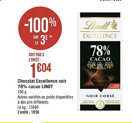 Chocolat Excellence Noir 78% Cacao Lindt -100% Sur Le 3e