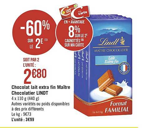 chocolat lait extra fin maître chocolatier lindt -60% sur le 2e