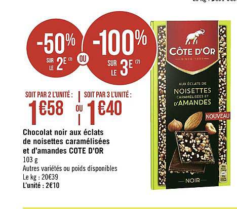 chocolat noir aux éclats de noisettes caramélisées et d'amandes c-50% sur le 2e ou -100% sur le 3e