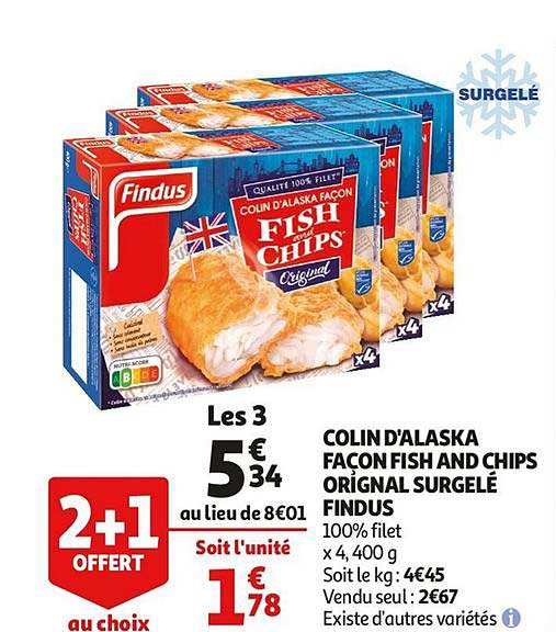 colin d'alaska façon fish and chips original surgelé findus 2 +1 offert au choix