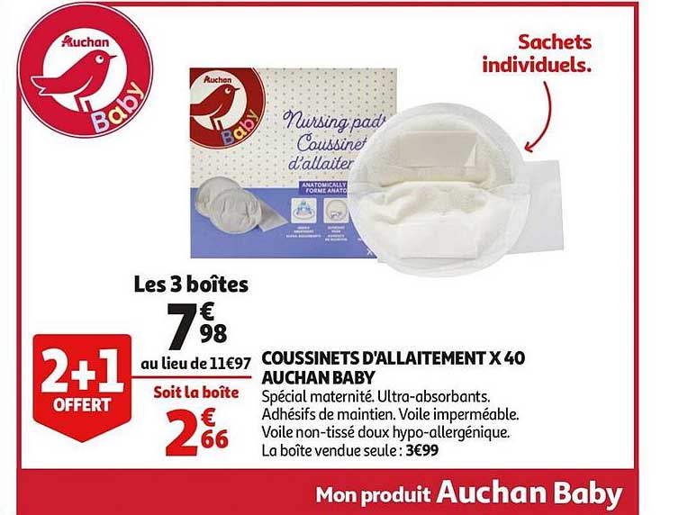 coussinets d'allaitement x 40 auchan baby 2 +1 offert