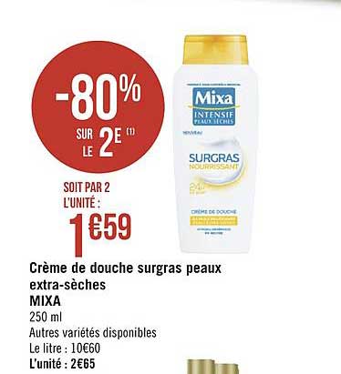 crème de douche surgras peaux extra sèches mixa -80% sur le 2e