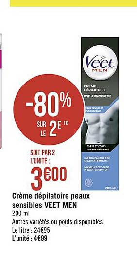 crème dépilatoire peaux sensibles veet men -80% sur le 2e
