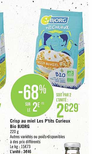 crisp au miel les p'tits curieux bio bjorg -68% sur le 2e