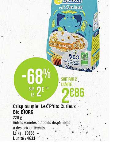 crisp au miel les p'tits curieux bio bjorg -68% sur le 2e