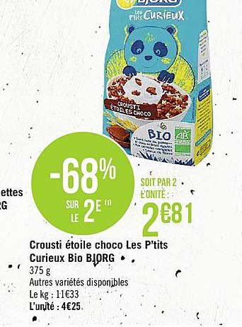crousti étoile choco les p'tits curieux bio bjorg -68% sur le 2e