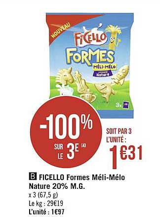 ficello formes méli mélo nature 20% m.g. -100% sur le 3e
