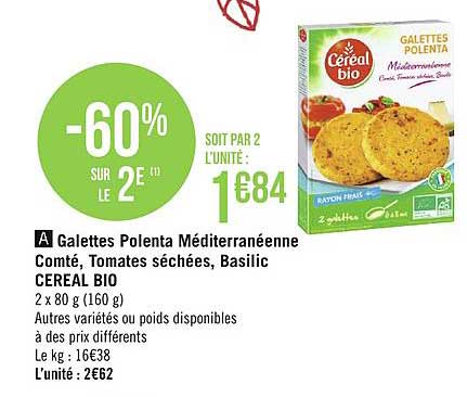 galettes polenta méditerranéenne compté tomates séchées basilic cereal bio -60% sur le 2e