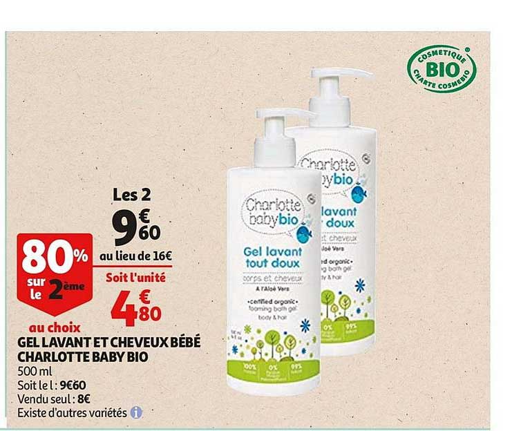 gel lavant et cheveux bébé charlotte baby bio 80% sur le 2ème au choix