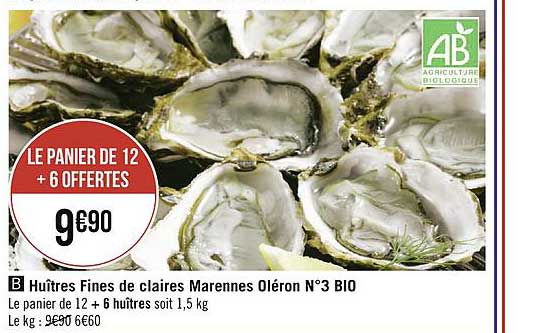 huîtres fines de claires marennes oléron n°3 bio