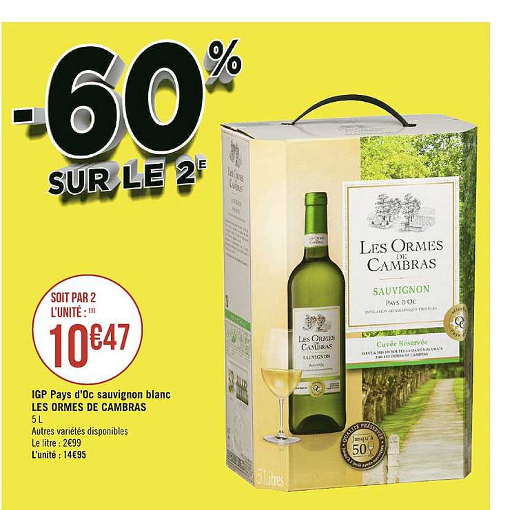 igp pays d'oc sauvignon blanc les ormes de cambras -60% sur le 2e
