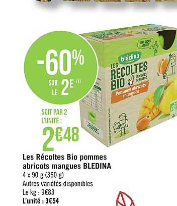les récoltes bio pommes abricots mangues blédina -60% sur le 2e
