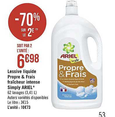 lessive liquide ariel propre & frais fraîcheur intense simple -70% sur le 2e