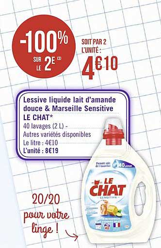 lessive liquide lait d'amande douce & marseille sensitive le chat -100% sur le 2e