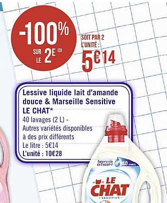 lessive liquide lait d'amande douce & marseille sensitive le chat -100% sur le 2e