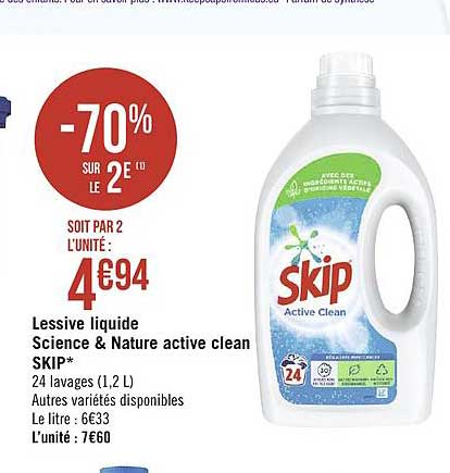 lessive liquide science & nature skip active clean -70% sur le 2e