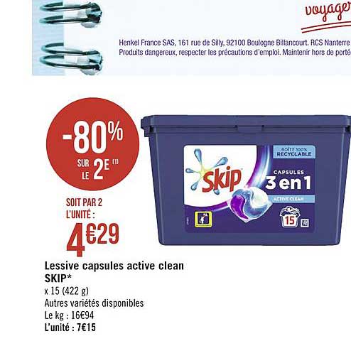 Lessive Skip Capsules Active Clean -80% Sur Le 2e