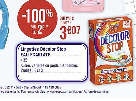 lingettes décolor stop eau ecarlate -100% sur le 2e