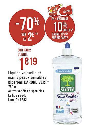 liquide vaisselle et mains peaux sensibles biberons l'arbre vert -70% sur le 2e