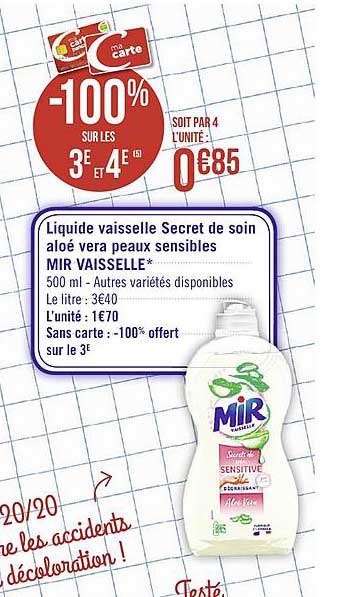liquide vaisselle secret de soin aloé vera peaux sensibles mir vaisselle -100% sur la 3e et 4e
