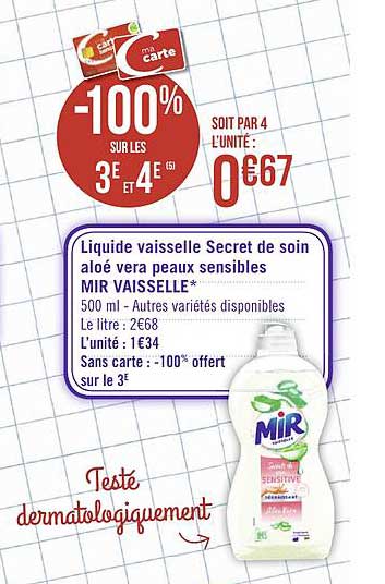 liquide vaisselle secret de soin aloé vera peaux sensibles mir vaisselle -100% sur les 3e et 4e