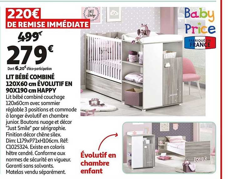 lit bébé combiné 120x60 cm évolutif en 90x190 cm happy
