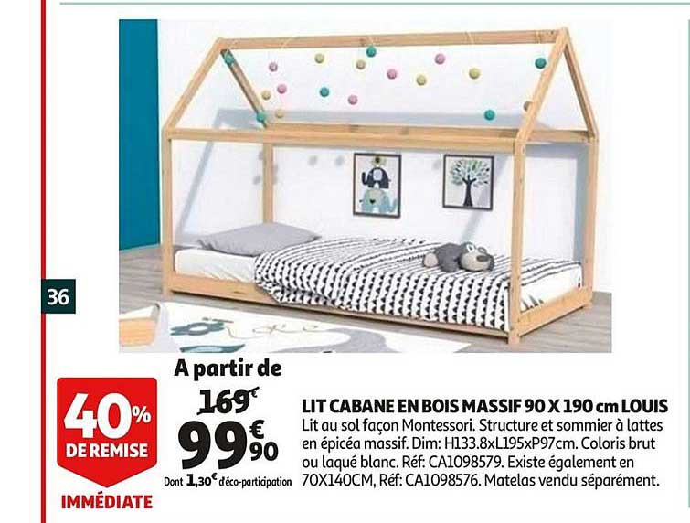 lit cabane en bois massif 90 x 190 cm louis