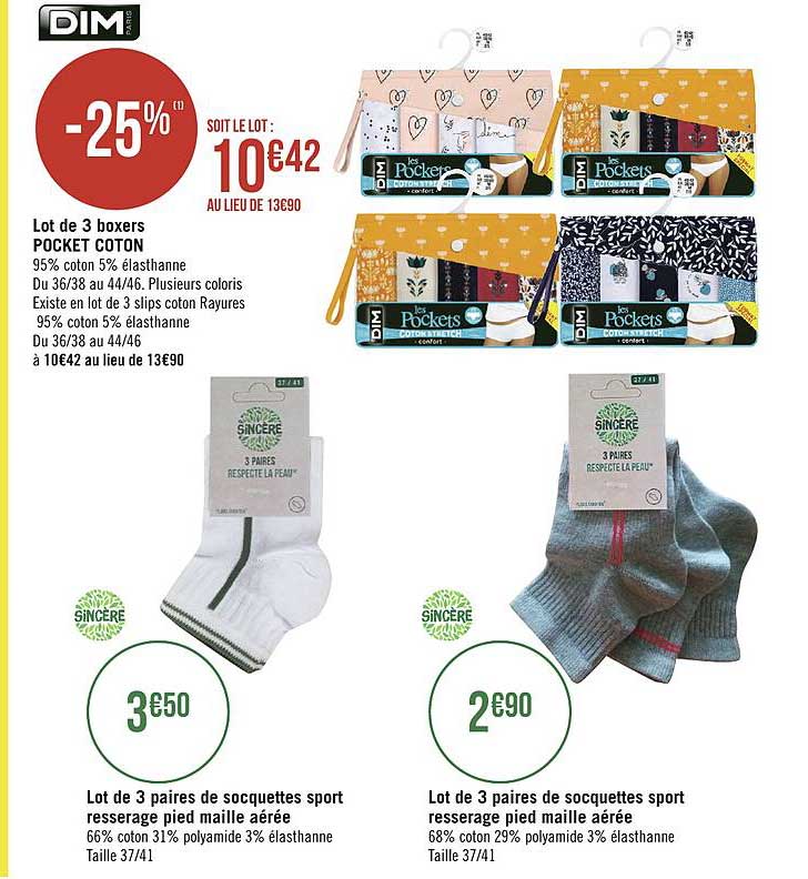 lot de 3 boxer pocket coton dim ou socquettes sport resserrage pied maille aérée sincère