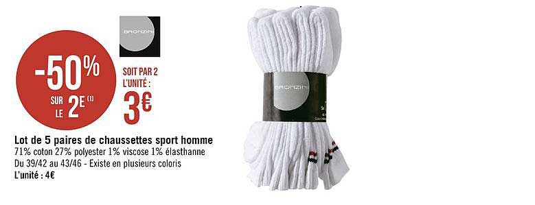 Lot De 5 Paires De Chaussettes Sport Homme Bronzini -50% Sur Le 2e