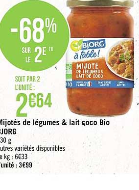 mijotés de légumes & lait coco bio bjorg -68% sur le 2e