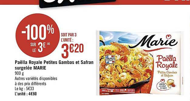 paëlla royale petites gambas et safran surgelée marie -100% sur le 3ème