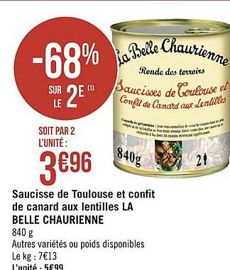 Saucisses De Toulouse Et Confit De Canard Aux Lentilles La Belle Chaurienne -68% Sur Le 2e