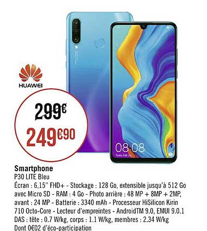 smartphone huawei p30 lite bleu