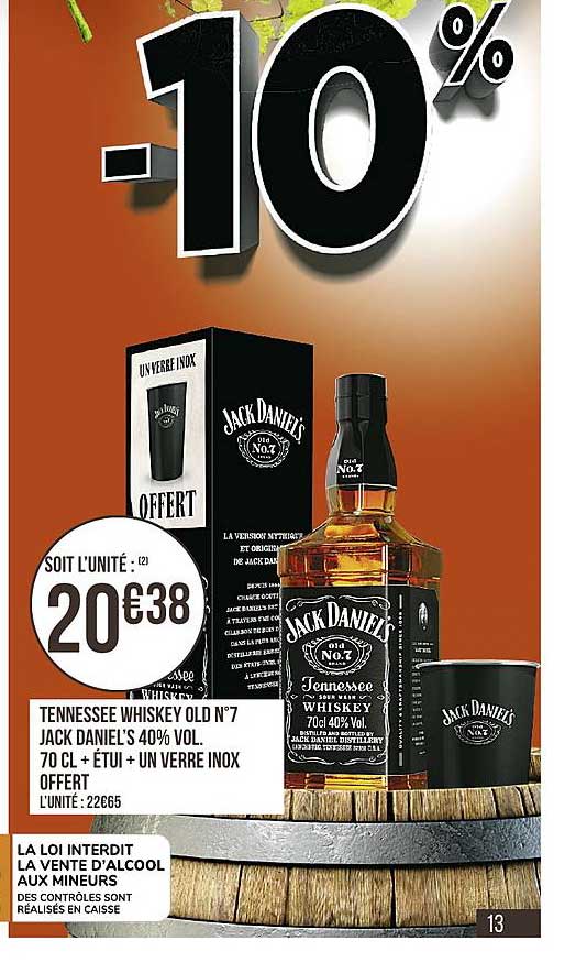tennessee whiskey old n°7 jack daniel's 40% vol. 70 cl + étui + un verre inox offert