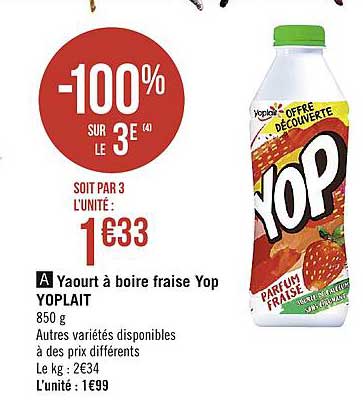 yaourt à boire fraise yop yoplait -100% sur le 3ème