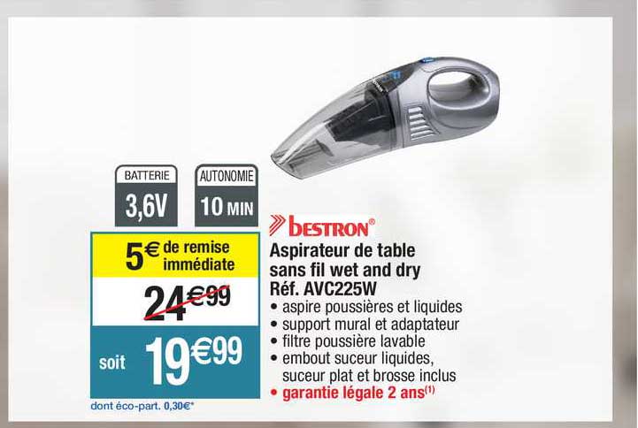 aspirateur de table sans fil wet and dry bestron réf. avc225w