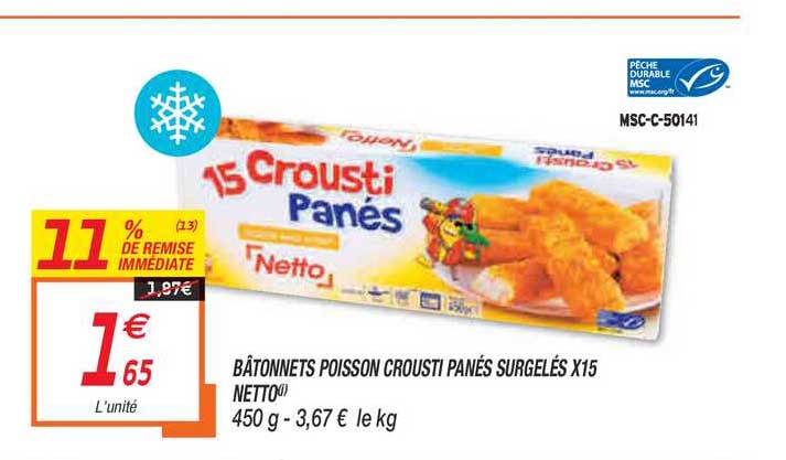 bâtonnets poisson crousti panés surgelés x15 netto