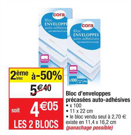 bloc d'enveloppes précassées auto-adhésives