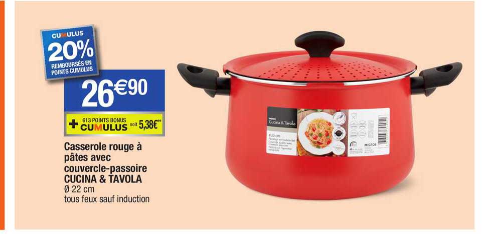 casserole rouge à pâtes avec couvercle-passoire cucina & tavola