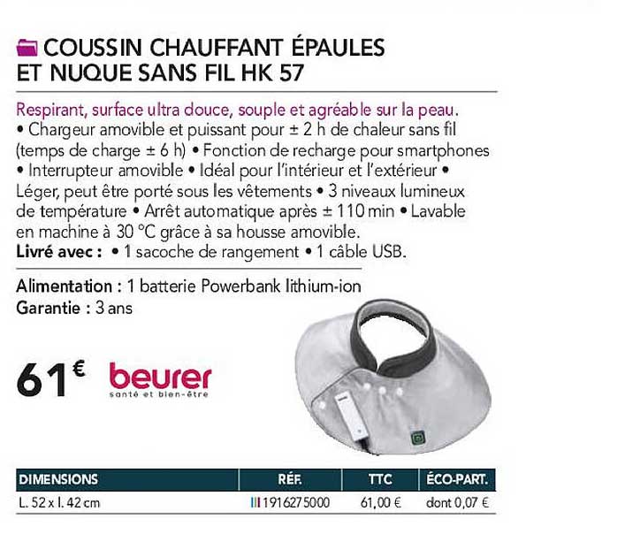 coussin chauffant épaules et nuque sans fil hk 57 beurer