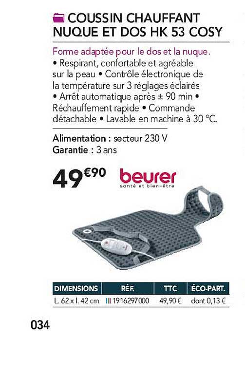 coussin chauffant nuque et dos hk 53 cosy beurer