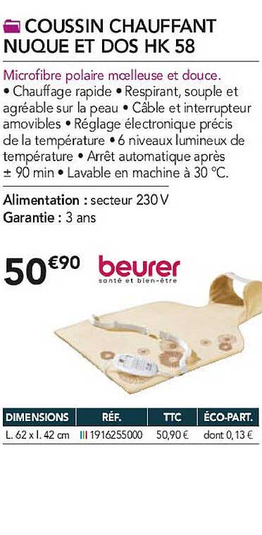 coussin chauffant nuque et dos hk 58 beurer
