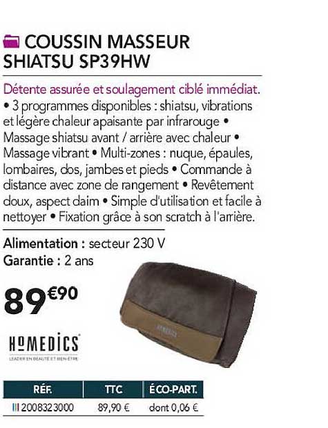 coussin masseur shiatsu sp39hw homedics