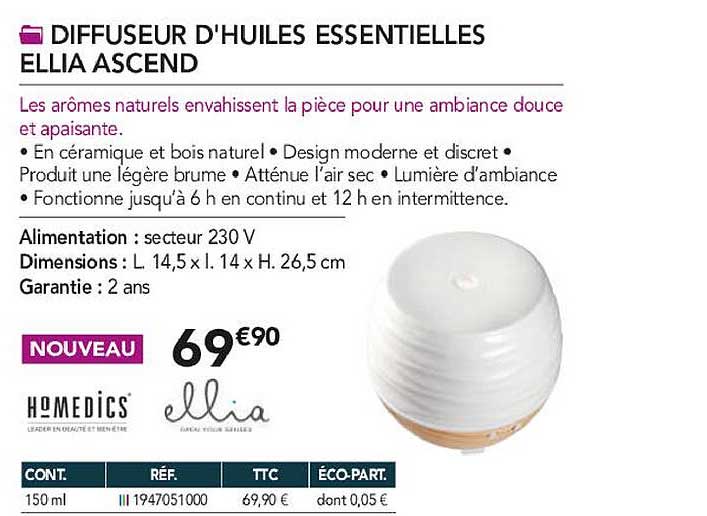 diffuseur d'huiles essentielles ellia ascend