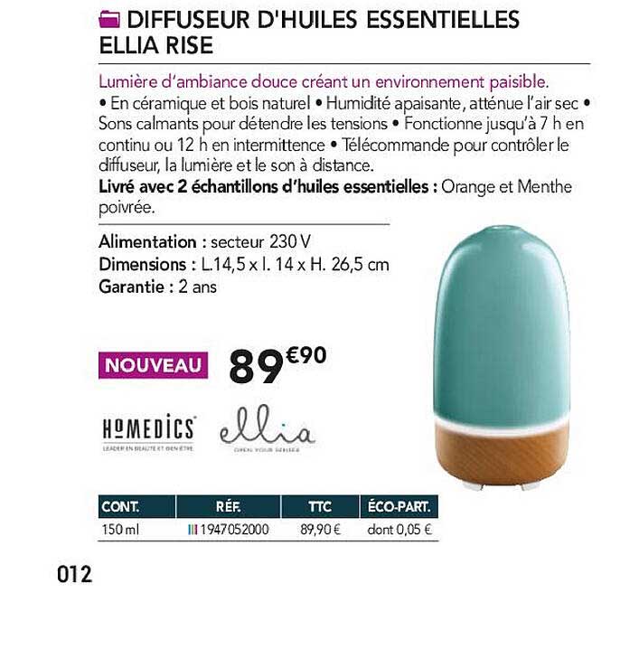 diffuseur d'huiles essentielles ellia rise