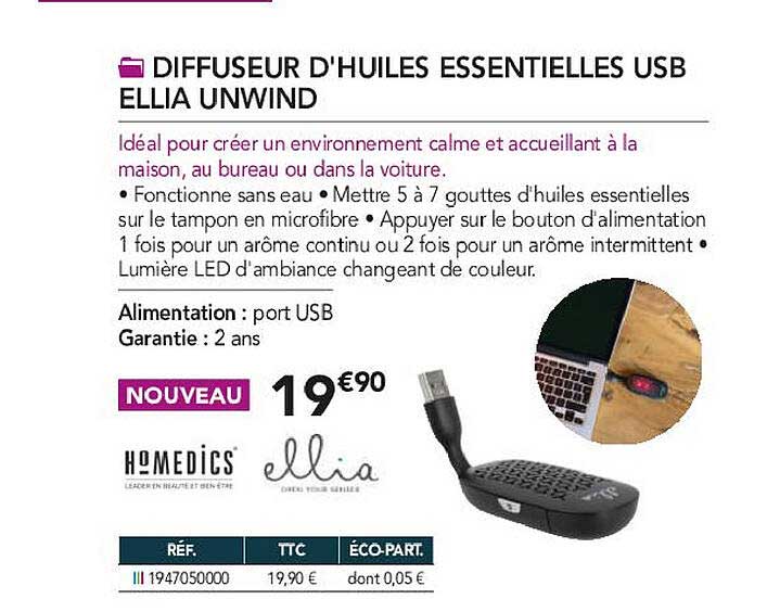 diffuseur d'huiles essentielles usb ellia unwind