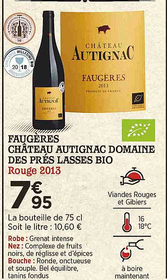 faugères château autignac domaine des prés lasses bio rouge 2013