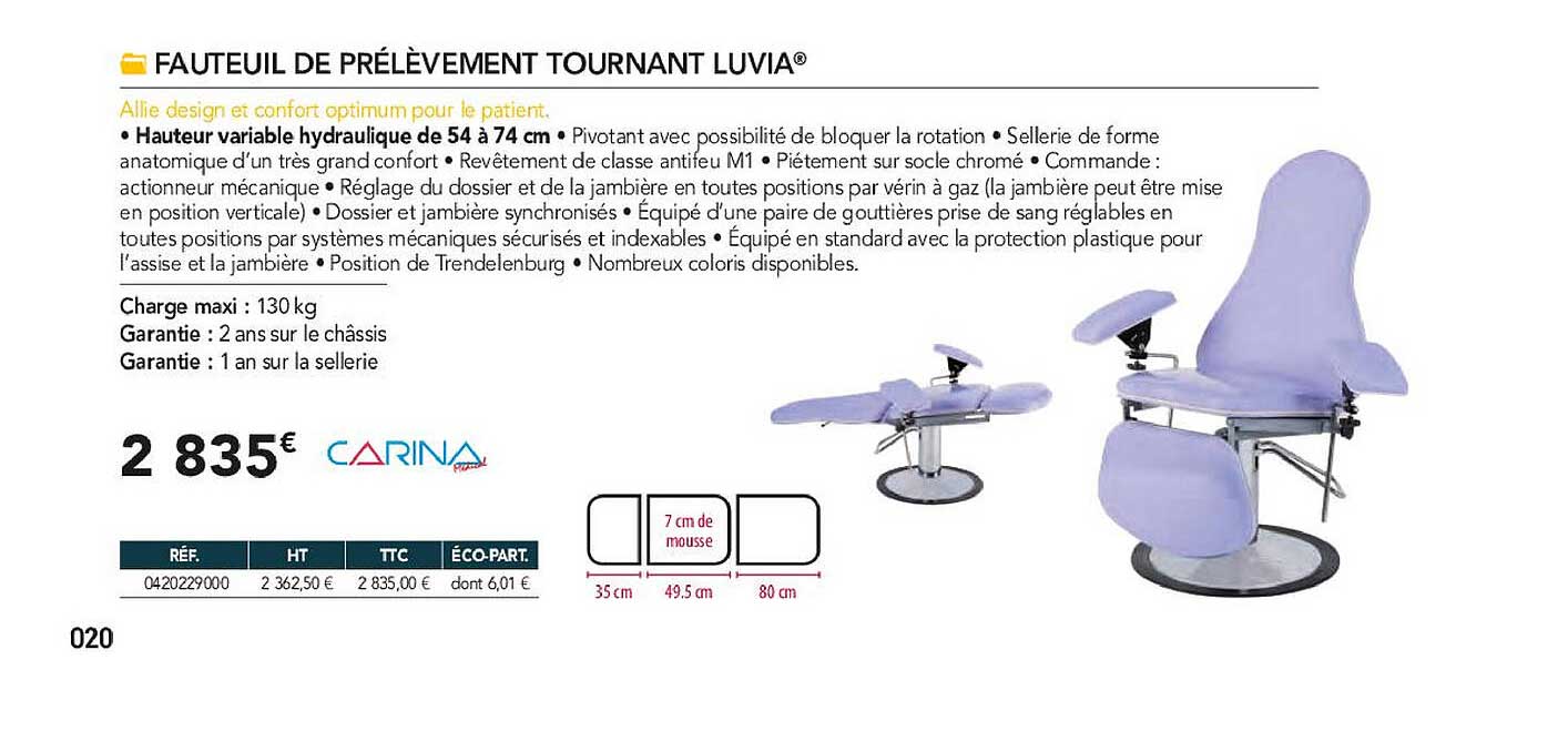 fauteuil de prélèvement tournant luvia carina