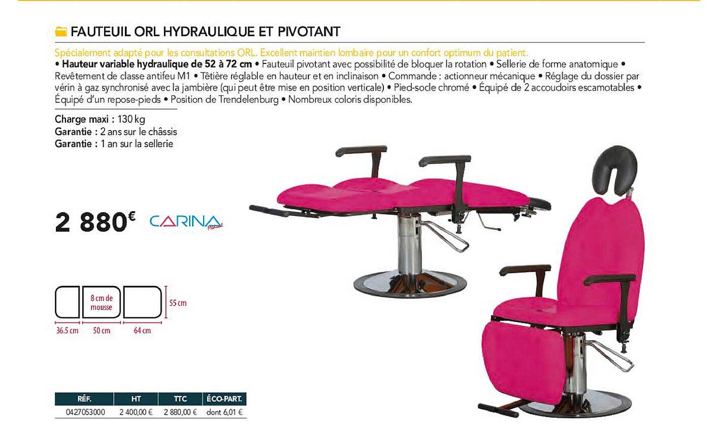 fauteuil orl hydraulique et pivotant carina