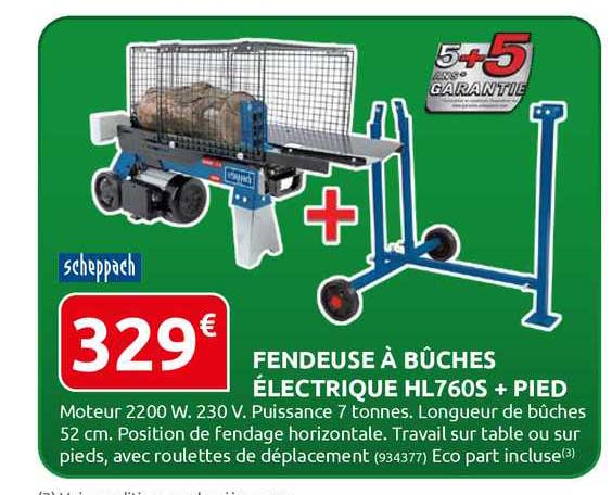 fendeuse à bûches électrique hl760s + pied scheppach